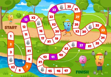 Çocuk masa oyunu, çizgi film vitaminleri sporcu karakterleri, vektör çalışma tablosu. Adım oyunu, spor koşusunda klor, spor dambılı magnezyum ve başlangıç ve bitiş için selenyum.