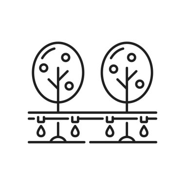 Çiftlik bahçesi sulama sistemi simgesi. Tarım, su damlatma ekipmanları, bahçe sulama veya tarım sulama otomatikman sistem minimal vektör ikonu. Alandaki Aquaponics teknolojisi pictogram