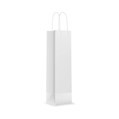 Beyaz kağıt dar alışveriş torbası ve kabzası. Kese kağıdı, mağaza satın alma ambalajı ya da izole edilmiş perakende satış torbası gerçekçi vektör modeli. Butik karton paket 3D tasarım şablonu