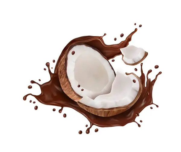 Realistische Chocolademelk Spatten Met Kokosnoot Fruit Druppels Vector Cacao Eten — Stockvector