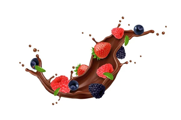 Bebida Leche Chocolate Realista Salpicadura Flujo Con Bayas Fondo Vectores — Vector de stock