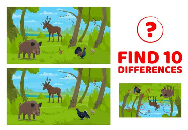 Find Ten Differences Cartoon Forest Animals Vector Puzzle Worksheet Kids — Stock Vector