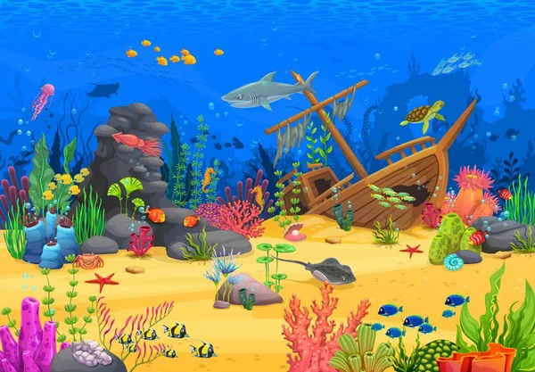 Game level with cartoon underwater animals and landscape with sunken ship. Under water sea bottom vector background with tropical fish shoal, shark, squid and jellyfish, ship wreck, seaweeds and crab