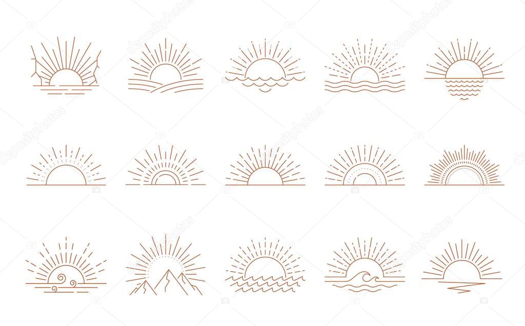 Sunset and sunrise boho symbol. Meditation, celestial and magic sun, zodiac sunrise thin line vector signs set. Alchemy sunset outline symbols or icons with sun disk sitting over sea, mountain horizon