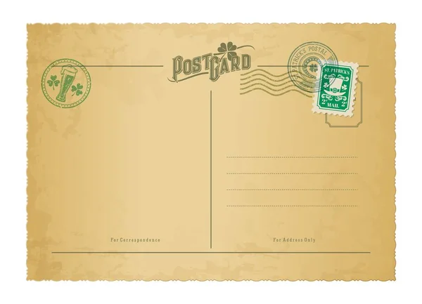 Saint Patrick Day Antike Postkarte Retro Briefmarken Und Alte Post — Stockvektor