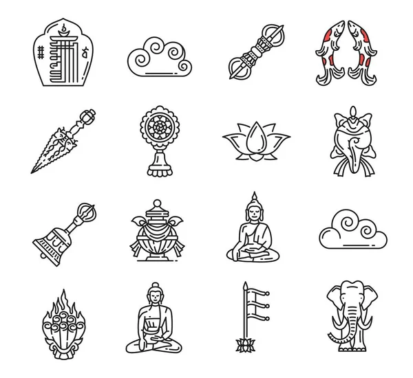 Буддийские Религиозные Иконы Символы Будды Буддийское Колесо Дхармы Вектор Тибетский — стоковый вектор