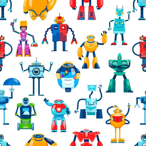 卡通机器人人物造型无缝玩具机器人 载体背景 孩子们滑稽的机器人 机器人机器人和变压器 可爱的太空机器人和图案背景中的外星机器人怪物 — 图库矢量图片