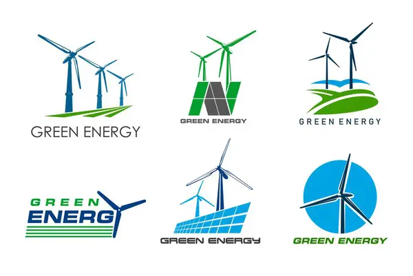Icônes Éoliennes Énergie Verte Propre Générateurs Énergie Moulin Vent Électrique — Image vectorielle