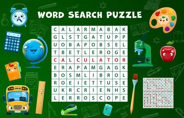 Word Search Puzzle Game School Stationery Cartoon Characters Vector Worksheet — Stock Vector
