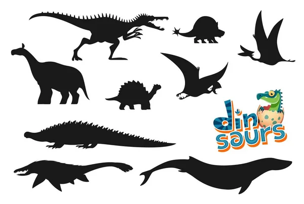 Dinossauros Desenhos Animados Personagens Engraçados Silhuetas Baryonyx Doedicurus Quetzalcoatlus Indricotherium — Vetor de Stock