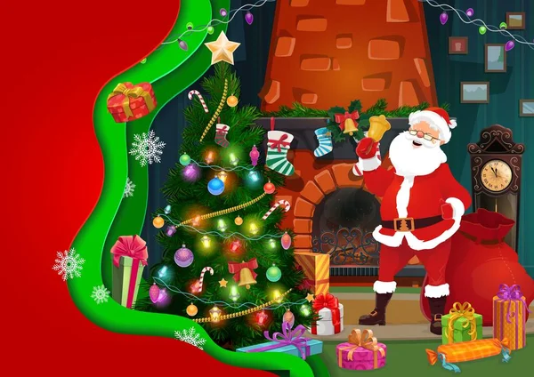 Christmas Paper Cut Fireplace Interior Pine Tree Santa Jingle Bell — Stock Vector