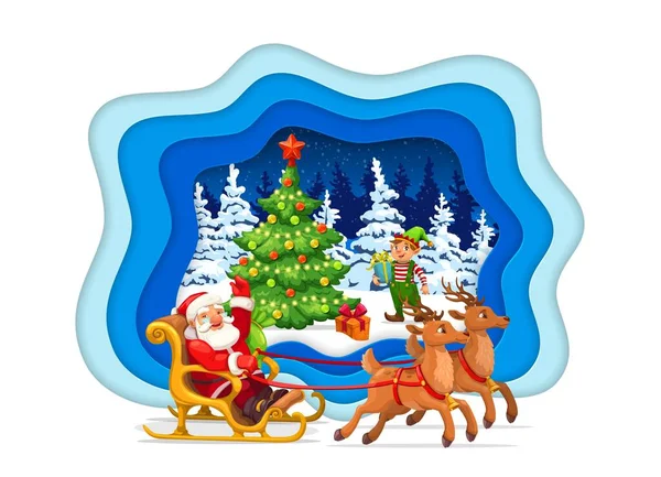 Cartoon Santa Sleigh Reindeers Elf Holiday Pine Tree Christmas Paper — Stock Vector