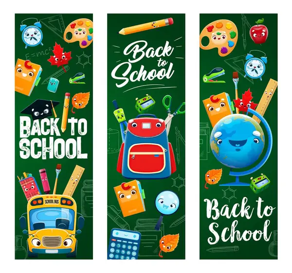 Back School Education Banners Cartoon Stationery Characters Cute Book Notebook — Stock Vector