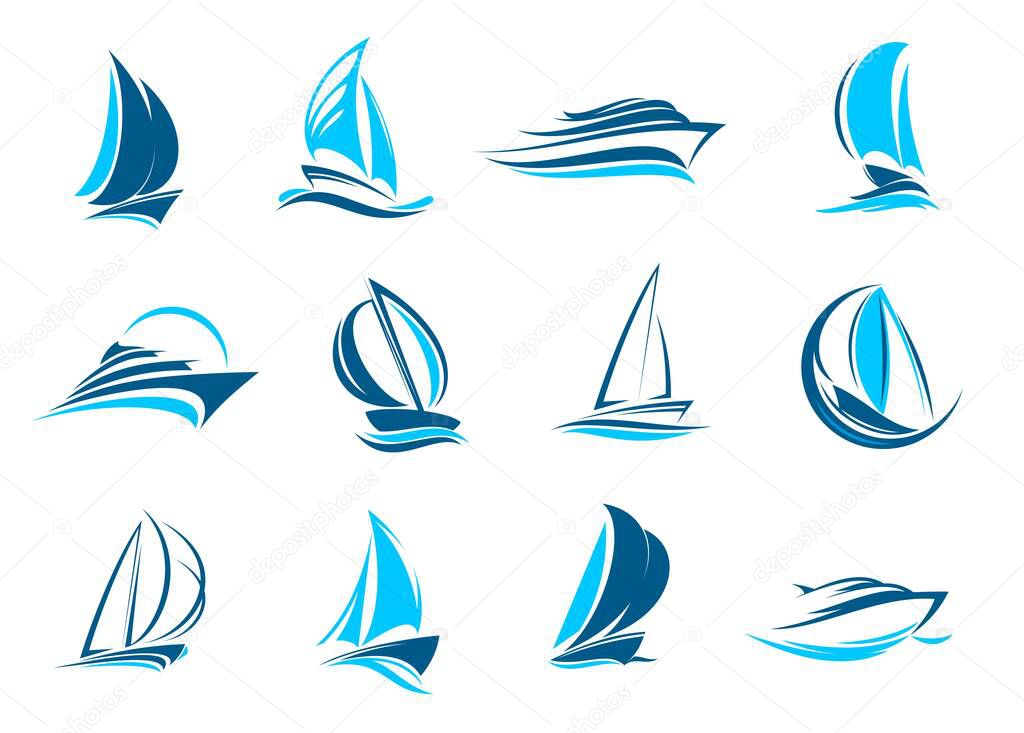 Yacht boat, sailing icon. Yachting sport club, vacation marine tour or sea travel agency simple vector emblem. Ship transportation service minimalistic icon or symbol with cruise ships, sail vessels