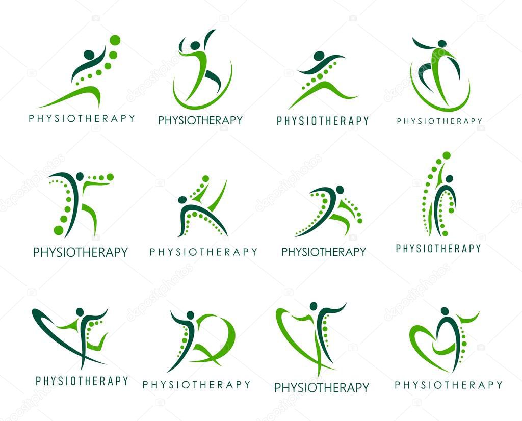 Physiotherapy icons. Spine, back pain, body health, chiropractic massage, therapy. Vector physical and orthopedic rehabilitation. Abstract human figure symbols of chiropractor, physiotherapist clinic
