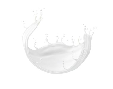 Round milk cream or yogurt white flow splash. Realistic liquid swirl with splatters. 3d vector fluid of white dairy product creating mesmerizing cascade. Isolated milky flow stream, calcium production clipart