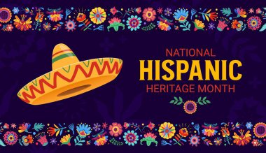Sombrero şapkalı, tropik çiçek süslemeli, vektör arkaplanlı İspanyol kökenli ay festivali afişi. Latin Amerikalılar geleneksel kültür, gelenek ve sanat festivali