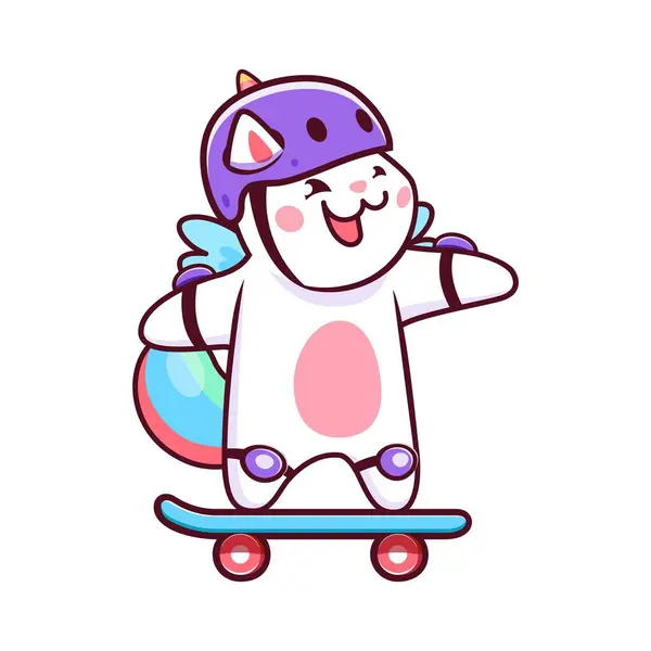 Cartoon Kawaii Caticorn Cat Kitten Pet Character Riding Skateboard Vector — Stock Vector
