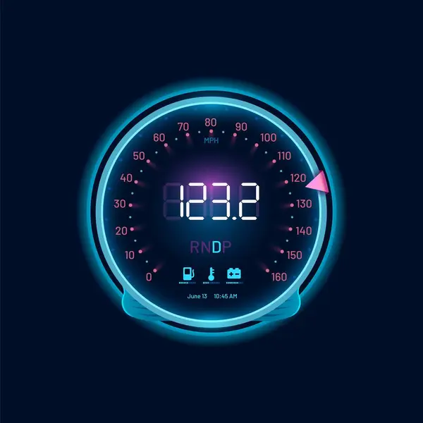 Car Speedometer Neon Dial Speed Gauge Dashboard Counter Interface Vector — Stock Vector