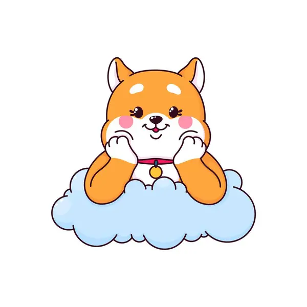 卡通卡通片 Kawaii Shiba Inu 里的狗和小狗的角色 可爱的宠物躺在蓬松的云彩上 两颊翘起 流露出一种满足的情绪 带有一点嬉闹的意味 孤立的病媒可爱的日本小狗 — 图库矢量图片