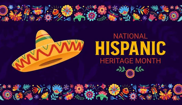 Bannière Festival National Patrimoine Hispanique Avec Chapeau Sombrero Ornement Fleurs — Image vectorielle