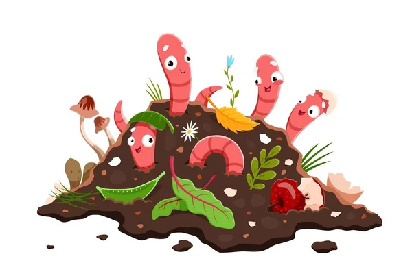 Cartoon Grappige Aarde Wormen Compost Bodem Humus Vermicompostering Geïsoleerde Vectorregenwormen — Stockvector