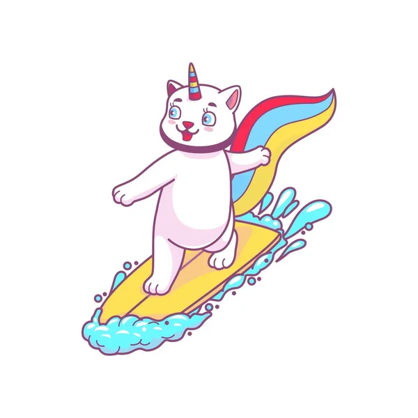 Surfing Cute Cartoon Caticorn Cat Surfboard Surfing Kitten Character Vector — Stock Vector