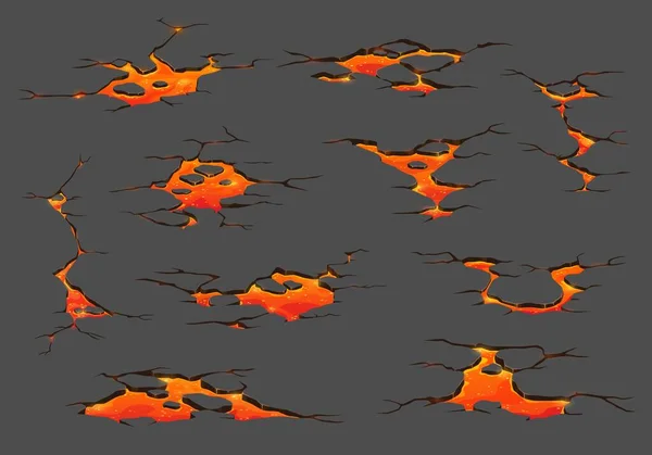Vulkan Lava Magma Brand Marken Sprickor Tecknad Vektor Uppsättning Jordbävning — Stock vektor