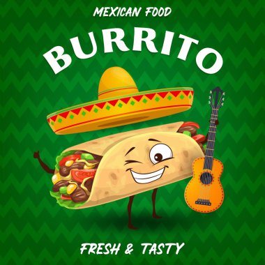 Meksika Burrito Mariachi çizgi filminde gitar ve sombrero şapkalı, vektör posterli bir müzisyen. Meksika mutfağı fast food ve abur cubur menüsü ile komik burrito ile sombrero ve gitar.