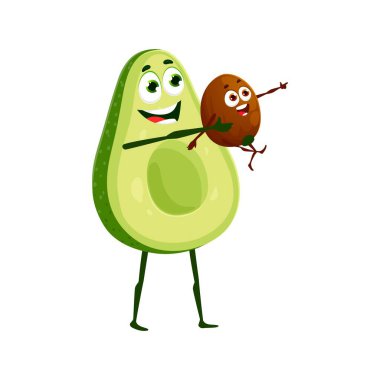 Avokado karakterli bir çocuk, avokado aile emojisi, vektör ikonu. Avokado 'lu baba ya da anne ellerinde avokado tohumu bebek ellerinde, gülerek yemek maskaralığı yapıyor.
