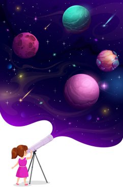 Yıldızlı gökyüzündeki galaksi gezegenlerinde teleskoptan bakan kız çocuğu, vektör posteri. Astronomi ve gezegen eğitimi ya da dış uzay gezegenleri, göktaşları ve göktaşları olan okul posteri