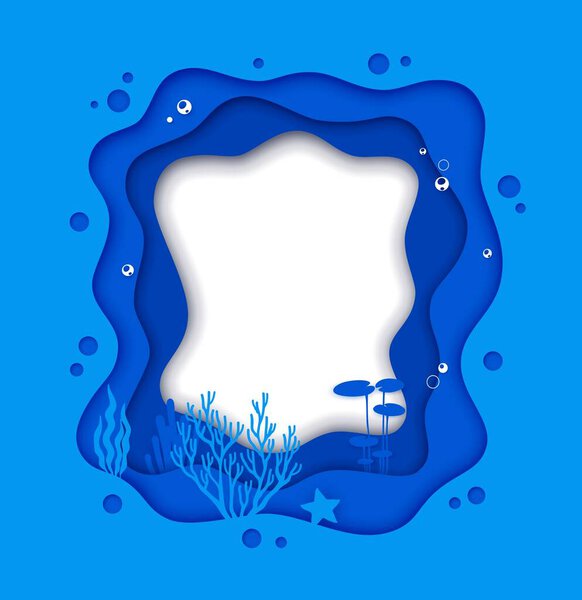 Paper cut frame with blue sea waves and underwater seaweeds, vector ocean water background. Undersea frame border in papercut or paper cut out layers, copy space with sea starfish and ocean seaweeds