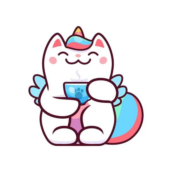Cartoon Kawaii Caticorn Kočka Jednorožec Pití Čaje Nebo Kávy Poháru — Stockový vektor