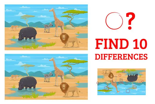Trouvez Dix Différences Cartoon Safari Animaux Africains Jeu Correspondance Objets — Image vectorielle