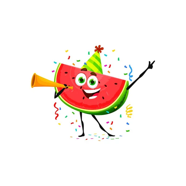 Cartoon watermelon character on birthday holiday. Children holiday celebration juicy food cute personage, child birthday or kids party fruit isolated vector childish character or watermelon mascot