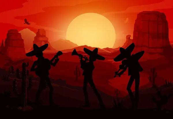 Mariachis Mexicains Musiciens Silhouettes Dans Désert Far West Coucher Soleil — Image vectorielle