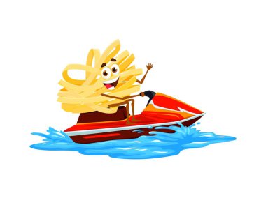 Deniz dalgalarında jet ski süren çizgi film karakteri, vektör yaz plaj tatili. İtalyan makarna şahsiyeti gülümseyen yüzüyle el sallıyor. Makarna karakteri, su motosikletine binmekten hoşlanıyor.