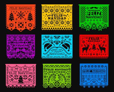 Mutlu Navidad. Meksika Noel gazetesi picado bayrakları ve pankartlarını kesti. Vector Mexico bayramı şenlik çelengi parlak renkli kağıt bayraklar, çiçekler, Noel ağacı, geyik, kar taneleri desenli