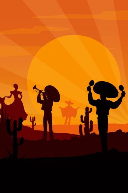 Meksikalı mariachi müzisyenleri ve dans eden kadın siluetleri güneş ışınları ve saguaro kaktüsleri ile çölde günbatımı manzarası. Marakas ve trompet çalan kovboy kovboy şapkalı vektör karakterler.