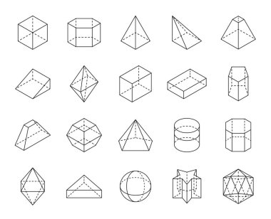 Geometrik şekil simgelerini özetle. Geometri ve matematik düzenli üç boyutlu çizgi figürleri, izole vektör prizması, koni, altıgen ve ikosahedron, yıldız, altıgen, küre ve silindir, sekizgen