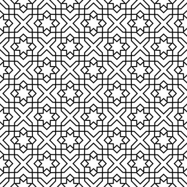 Arabesk Arap deseni. Mashrabiya 'nın kusursuz bir İslami geçmişi var. Türk kafes arka planı, Maşarabiya kağıt vektör baskısı veya Arabesk mozaik tekstil arkaplanı, Arap ağ kumaşı deseni