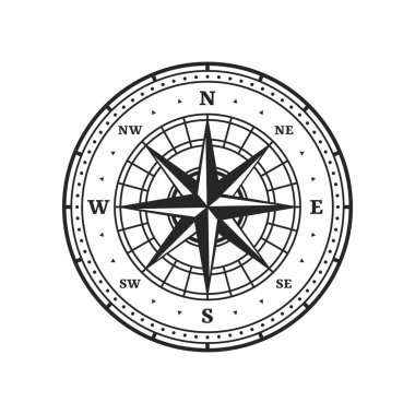 Eski pusula sembolü. Vintage harita rüzgar gülü işareti. Okyanus coğrafi haritası enlemi, deniz seyrüsefer rüzgarı yükseldi ya da deniz haritası pusulası ortaçağ deniz vektör ikonu deniz keşif yönü retro sembolü