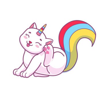 Şirin kawaii caticorn, mutlu kedi pençeleriyle kulaklarını kaşıyan mutlu kedi, gökkuşağı kuyruklu vektör mutlu kedi, çizgi film fantezi hayvanı