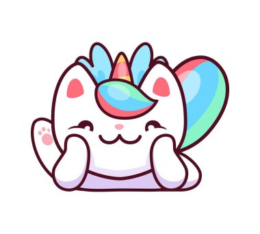 Çizgi film kawaii caticorn kedisi ve kedi yavrusu karakterleri rahat, desteklenmiş yanaklarla uzanıyorlar. İzole edilmiş vektör fantezi hayvan kişiliği, gülen yüzlü, gökkuşağı kuyruklu ve boynuzlu tatlı tek boynuzlu at kedisi.