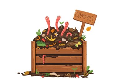 Ahşap gübre kutusundaki komik dünya solucanları, toprak zemin vektör organik çöp posteri. Gübre toprağı, biyolojik gübrelenebilir atıklar ve doğal tarım içeren çiftlik bahçesi kutusundaki solucanlar.