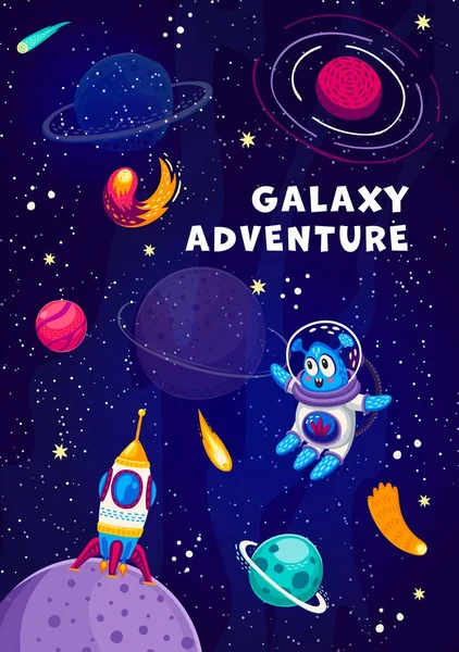 Galaxy adventure poster with cartoon alien in starry space with rockets, vector background. Outer space fantasy and galactic adventure with spaceflight of martian alien to sun or planets in starry sky