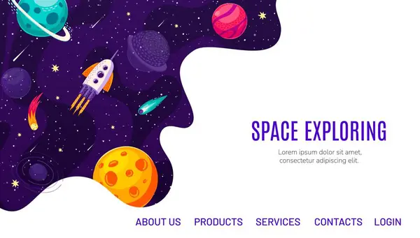 Espacio Galaxy Explorar Página Aterrizaje Con Cohete Dibujos Animados Nave — Vector de stock