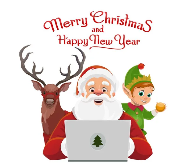 Caricature Noël Père Noël Avec Ordinateur Portable Cerf Elfe Vacances — Image vectorielle