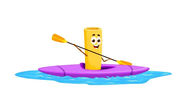 Cartoon cannelloni pasta character riding kayak on sea water, vector summer beach vacation. Cute kayaker macaroni personage of italian cuisine food sitting in recreational kayak boat with paddles