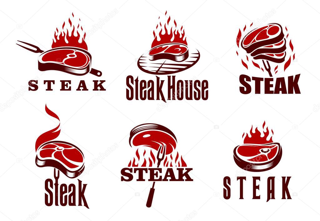 Steak grill icons, barbecue isolated vector emblems. Restaurant or steak house identity labels with grilled piece of meat, flaming fire, grid and fork. Bbq party symbols, set of vintage retro badges